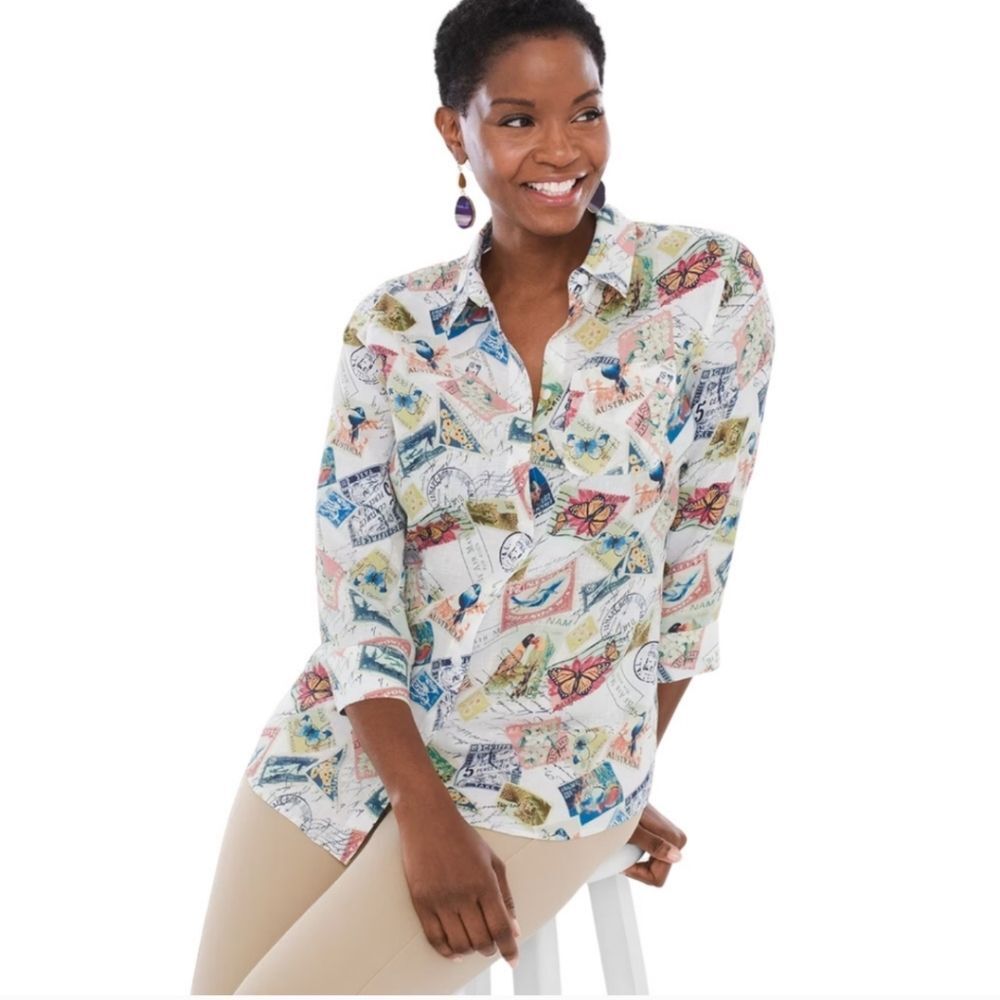 Chico's No Iron Novelty Print Button-up Size 0.5 Small (6) Travel Birds